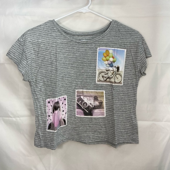 Justice Other - EUC Justice girl’s gray white striped photo cropped short sleeve summer shirt 14